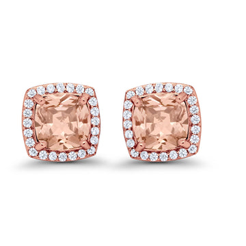 Halo Cushion Bridal Earrings Rose Tone, Simulated Morganite CZ 925 Sterling Silver